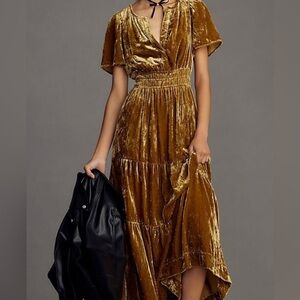 Anthropologie Somerset Gold Velvet Dress